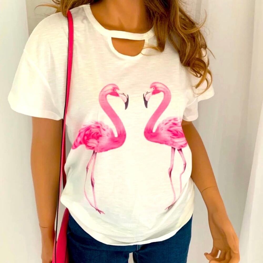 Promesa White Slubbed Tee Pink Flamingos Short Sleeve Cutout Neckline MED USA
